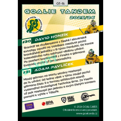 2025/26 Goal Cards Maxa liga 2.s. #GT-16 David Honzík / Adam Pavlíček Goalie Tandem