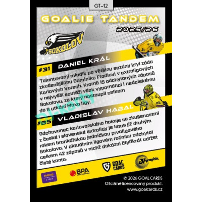 2025/26 Goal Cards Maxa liga 2.s. #GT-12 Daniel Král / Vladislav Habal Goalie Tandem