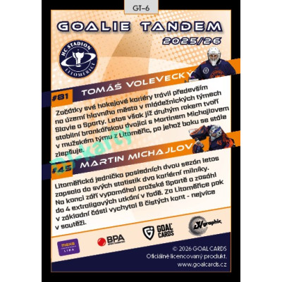 2025/26 Goal Cards Maxa liga 2.s. #GT-06 Tomáš Volevecký / Martin Michajlov Goalie Tandem