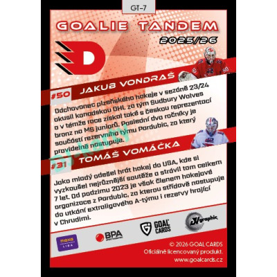 2025/26 Goal Cards Maxa liga 2.s. #GT-07 Jakub Vondraš / Tomáš Vomáčka Goalie Tandem