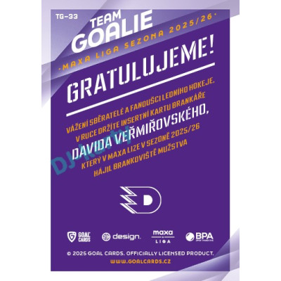2025/26 Goal Cards Maxa liga 2.s. #TG-33 David Veřmiřovský Team Goalie