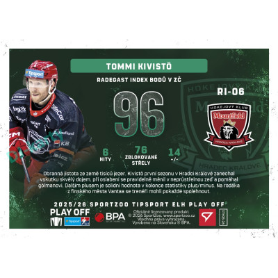 2025/26 Sportzoo ELH Play Off #RI-06 Tommy Kivistö Radegast Index