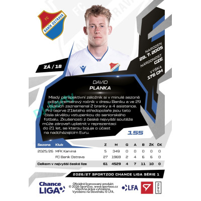 2026/27 Sportzoo Chance Liga 1. série #155 DAVID PLANKA