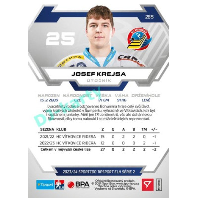 2023/24 Sportzoo ELH 2. serie #285 Josef Krejsa