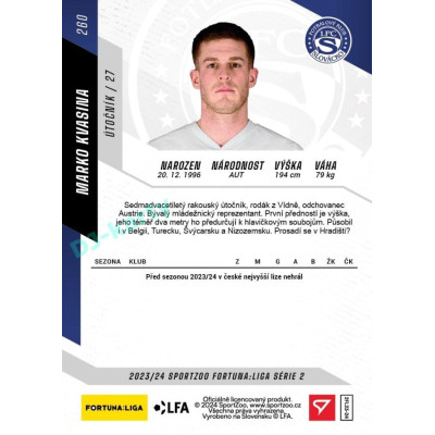 2023/24 Sportzoo Fortuna Liga 2. série #260 Marko Kvasina