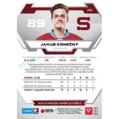 2023/24 Sportzoo ELH 2. serie #292 Jakub Konečný