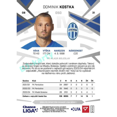 2024/25 Sportzoo Chance Liga 1. série #050 Dominik Kostka