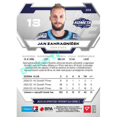2023/24 Sportzoo ELH 2. serie #304 Jan Zahradníček