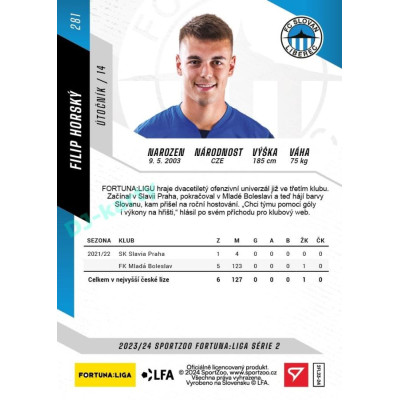 2023/24 Sportzoo Fortuna Liga 2. série #281 Filip Horský