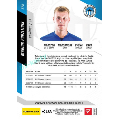 2023/24 Sportzoo Fortuna Liga 2. série #275 Marios Purzitidis