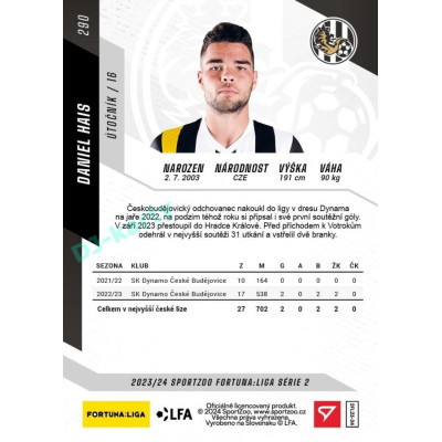 2023/24 Sportzoo Fortuna Liga 2. série #290 Daniel Hais