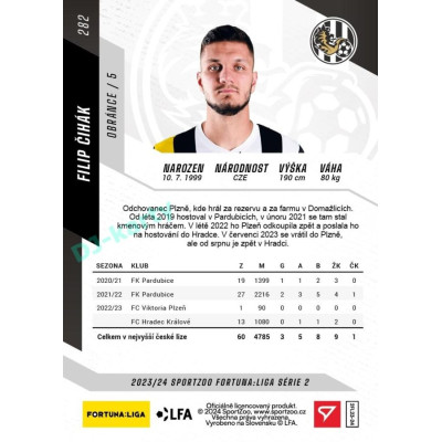 2023/24 Sportzoo Fortuna Liga 2. série #282 Filip Čihák