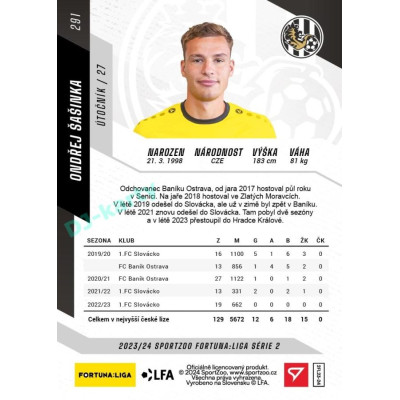 2023/24 Sportzoo Fortuna Liga 2. série #291 Ondřej Šašinka