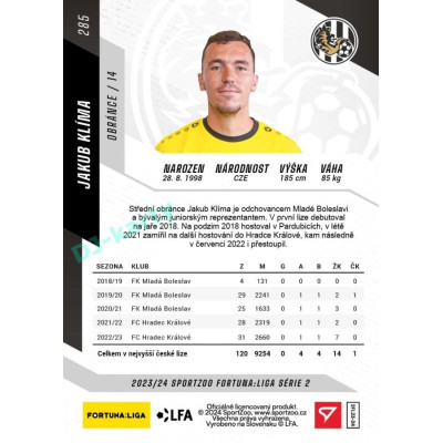 2023/24 Sportzoo Fortuna Liga 2. série #285 Jakub Klíma