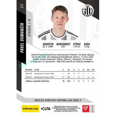 2023/24 Sportzoo Fortuna Liga 2. série #311 Pavel Osmančík