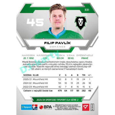 2023/24 Sportzoo ELH 2. serie #331 Filip Pavlík
