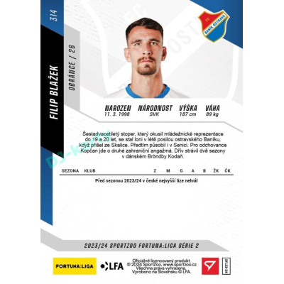 2023/24 Sportzoo Fortuna Liga 2. série #314 Filip Blažek