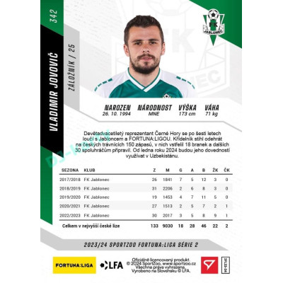 2023/24 Sportzoo Fortuna Liga 2. série #342 Vladimir Jovovič