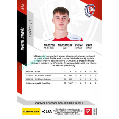 2023/24 Sportzoo Fortuna Liga 2. série #345 Denis Donát