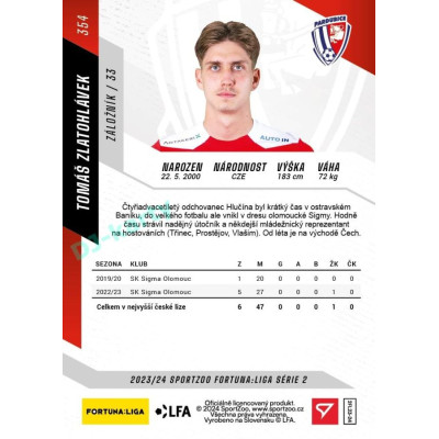 2023/24 Sportzoo Fortuna Liga 2. série #354 Tomáš Zlatohlávek