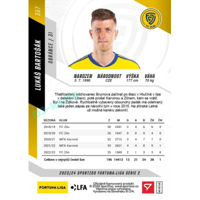 2023/24 Sportzoo Fortuna Liga 2. série #357 Lukáš Bartošák
