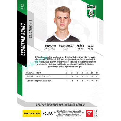 2023/24 Sportzoo Fortuna Liga 2. série #374 Sebastian Boháč
