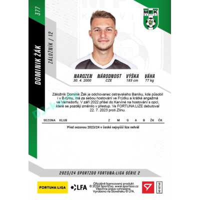 2023/24 Sportzoo Fortuna Liga 2. série #377 Dominik Žák