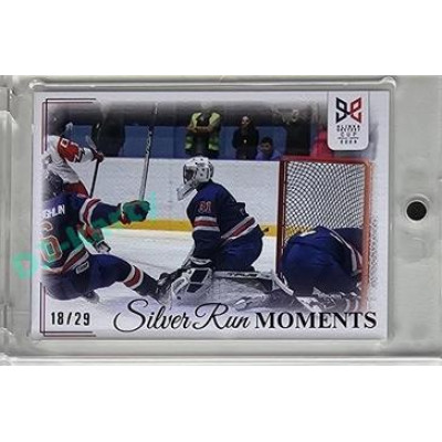 2023/24 Legendary Cards Hlinka Gretzky Cup Young Lions #SRM-10 Titlbach překonává brankáře USA Heila Silver Run Moments Canvas xx/29