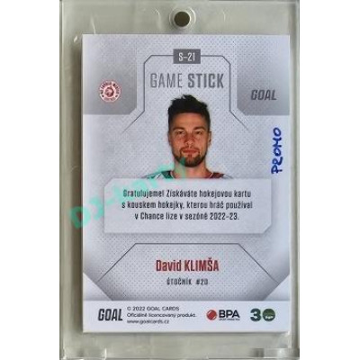 2022/23 Goal Cards Chance #S-21 David Klimša Game Used Stick 1of1 EXPO PROMO