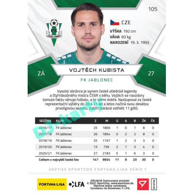 2021/22 Sportzoo Fortuna Liga Vojtěch Kubista #105