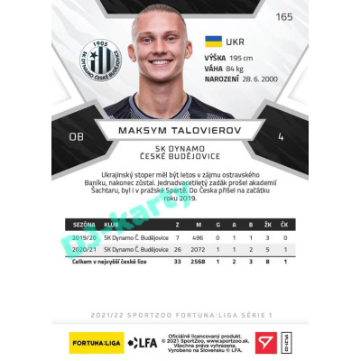 2021/22 Sportzoo Fortuna Liga Maksym Talovierov #165