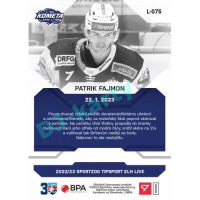 2022/23 Sportzoo ELH LIVE #L-075 Patrik Fajmon xx/43