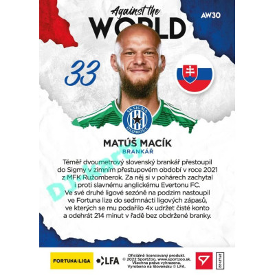 2021/22 Sportzoo Fortuna Liga 2. série #AW30 Matúš Macík AGAINST THE WORLD
