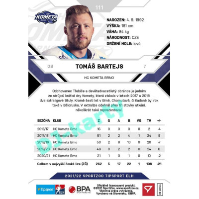 2021/22 Sportzoo TIPSPORT ELH #111 Tomáš Bartejs