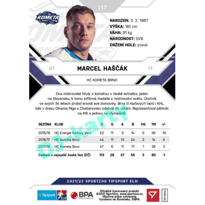 2021/22 Sportzoo TIPSPORT ELH #117 Marcel Haščák
