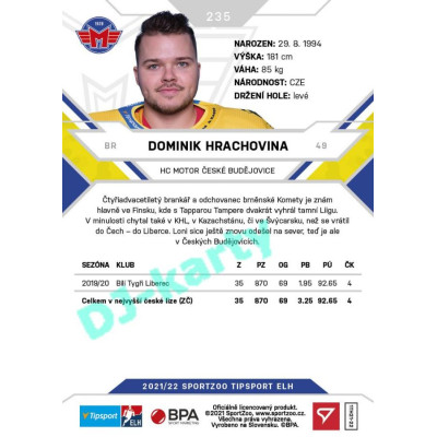 2021/22 Sportzoo TIPSPORT ELH #235 Dominik Hrachovina