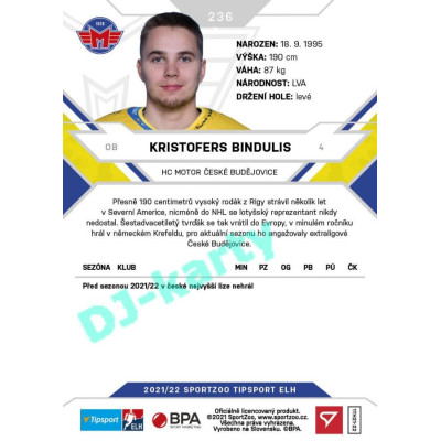 2021/22 Sportzoo TIPSPORT ELH #236 Kristofers Bindulis
