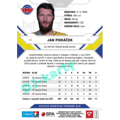2021/22 Sportzoo TIPSPORT ELH #238 Jan Piskáček