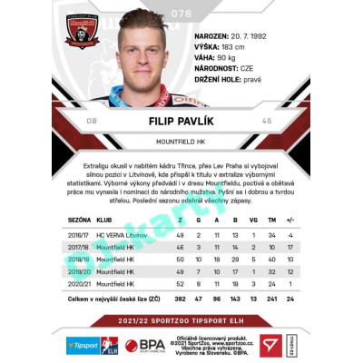 2021/22 Sportzoo TIPSPORT ELH #078 Filip Pavlík