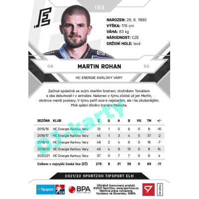 2021/22 Sportzoo TIPSPORT ELH #189 Martin Rohan