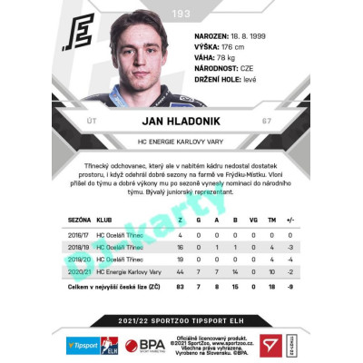 2021/22 Sportzoo TIPSPORT ELH #193 Jan Hladonik