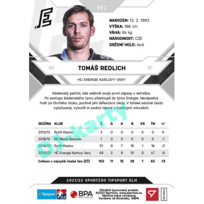 2021/22 Sportzoo TIPSPORT ELH #197 Tomáš Redlich