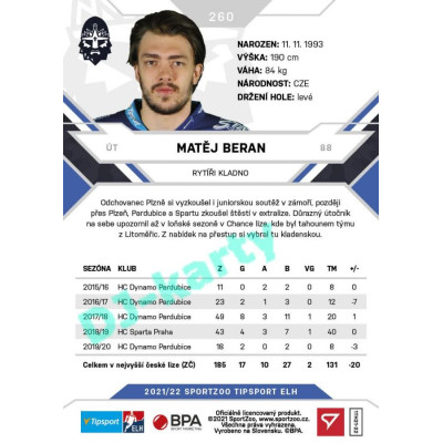 2021/22 Sportzoo TIPSPORT ELH #260 Matěj Beran