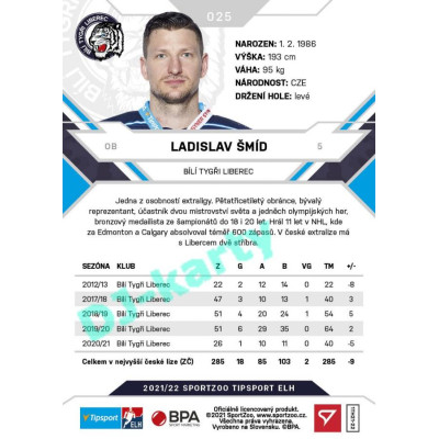 2021/22 Sportzoo TIPSPORT ELH #025 Ladislav Šmíd