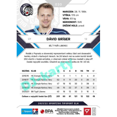 2021/22 Sportzoo TIPSPORT ELH #030 Dávid Gríger