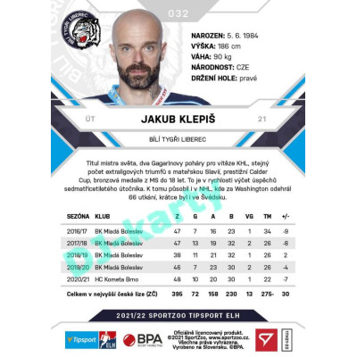 2021/22 Sportzoo TIPSPORT ELH #032 Jakub Klepiš