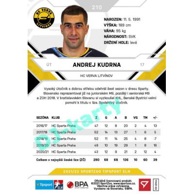 2021/22 Sportzoo TIPSPORT ELH #210 Andrej Kudrna