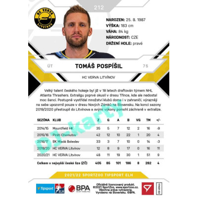 2021/22 Sportzoo TIPSPORT ELH #212 Tomáš Pospíšil