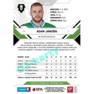2021/22 Sportzoo TIPSPORT ELH #058 Adam Jánošík