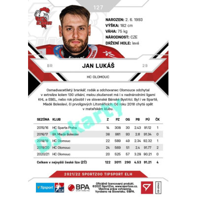 2021/22 Sportzoo TIPSPORT ELH #127 Jan Lukáš